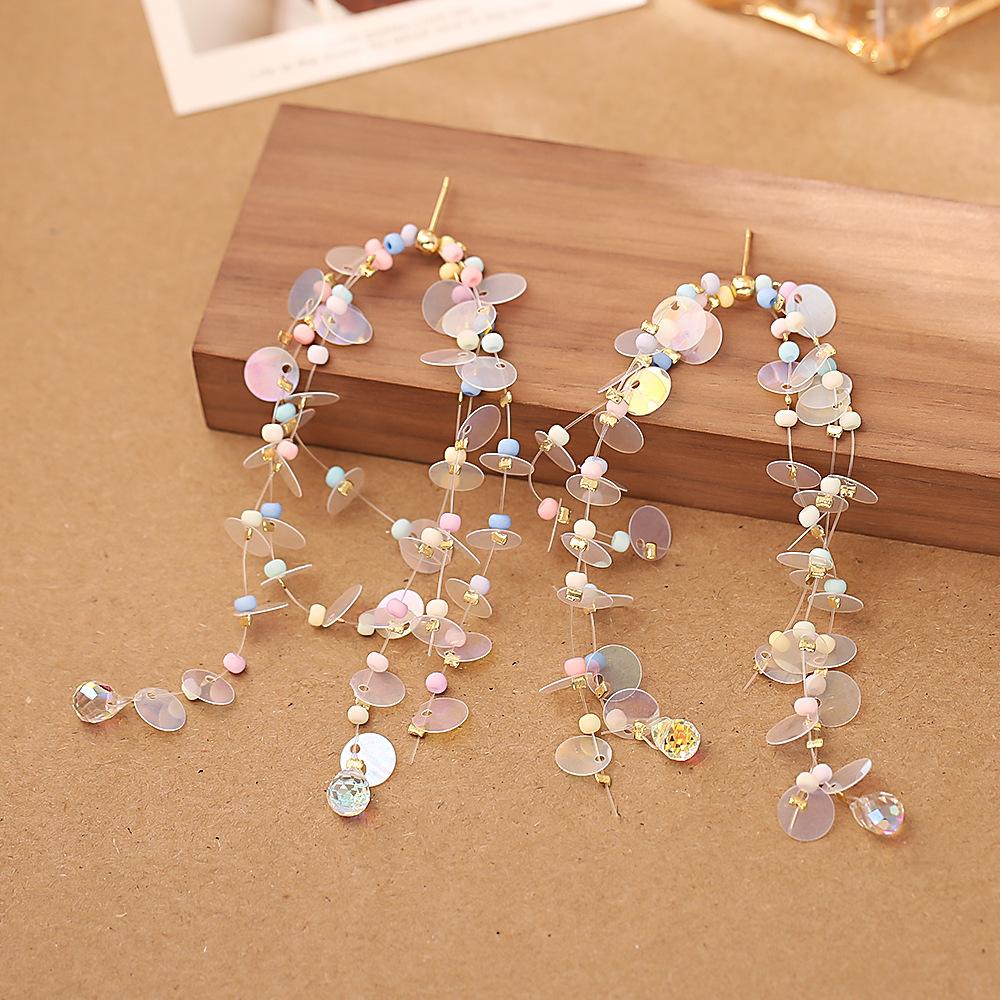 Dangle Earrings for Women, Holographic Sequin Tassel with Pastel Matte Mini Beads & Teardrop Crystal Pendants, Boho Lightweight Jewelry for Picnic Aesthetic Shooting, Beach, 1 Pair, Drop Earrings, Female, Invisible, Shimmer Brightly Under Sunlight, Thin I