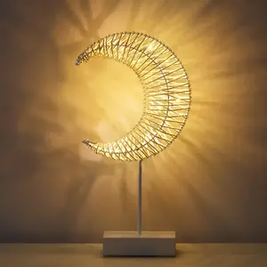 Ramadan Decorations Moon Table Lamp, Moon Shape Rattan Ramadan Desk Lamp Battery Powered Light, Winding Thread LED Crescent Light for Home Bedroom Bedside Desktop Eid Mubarak Decorations bar club