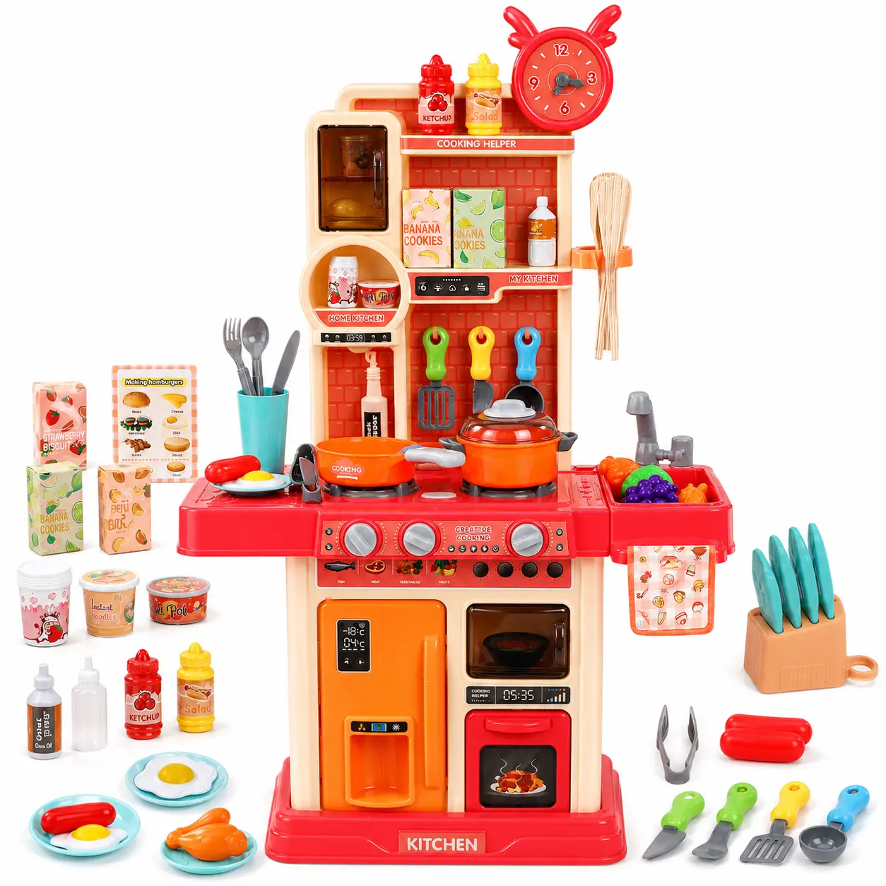 Interactive Pretend Cooking Station for Toddlers with Running Water Sink, Mist Stove, Color-Change Food and 45 Play Accessories