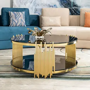 double layer black tempered glass top stainless steel round coffee table for living room    RR