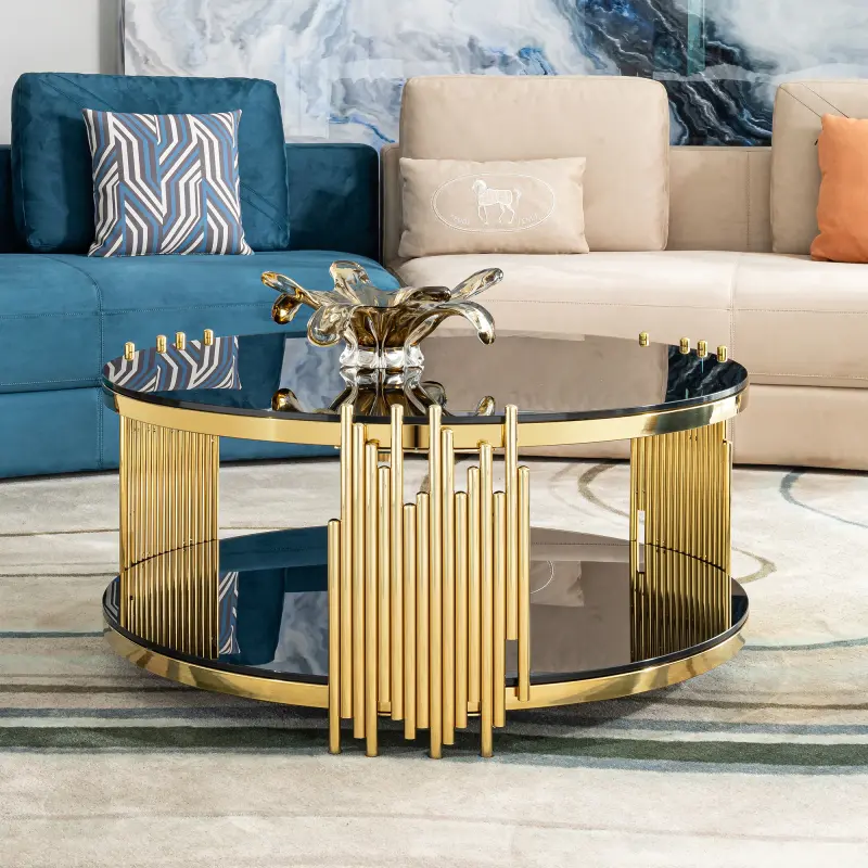 Round Living Room Coffee Table - L 31.5 x W 31.5 x H 17.72 Inches. Width Round Shape, Double-Layer Black Tempered Glass Top, Stainless Steel Frame, Modern Accent Table for Sofa Side Use & Storage