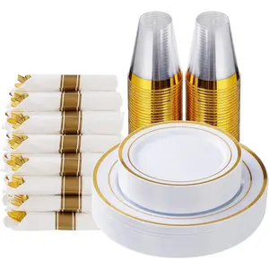 Gold Plastic Dinnerware Set for 25 Guests  175PCS Fancy Disposable Plates, Cups & Gold Cutlery for Wedding, Party & Family Dinner