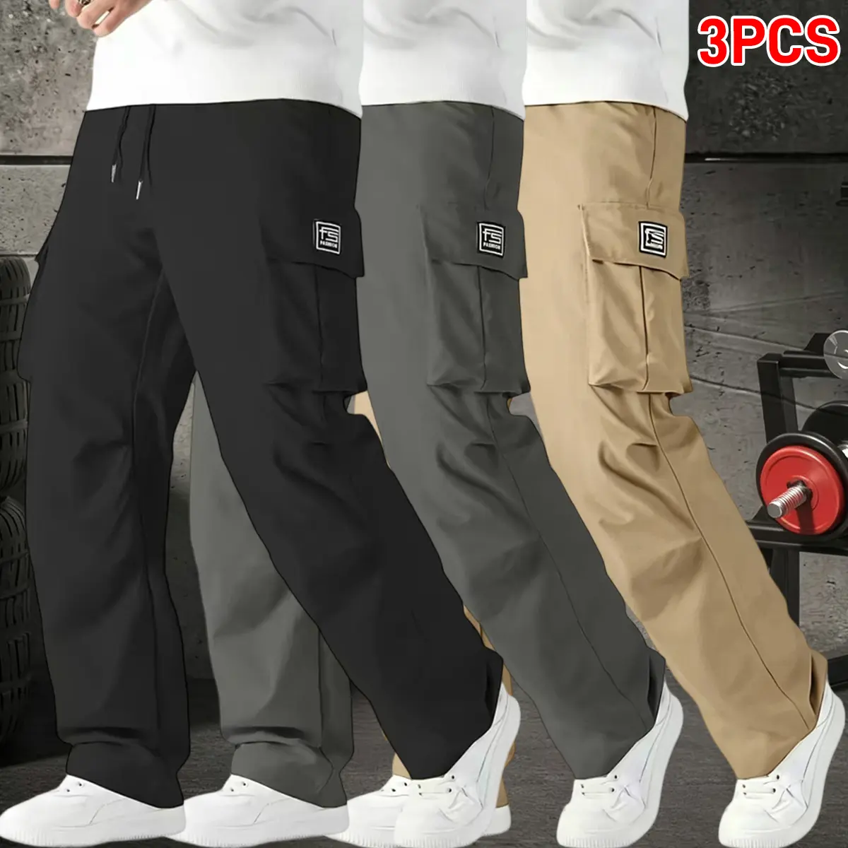 Men's Casual Cargo Style Pants 3-Pack - Loose Fit, Multiple Pockets, Drawstring Waist, Polyester Woven Trousers for All-Season Outdoor Work, Machine Washable (Cold Wash Compatible), Multi-Pocket Utility Men's Pants