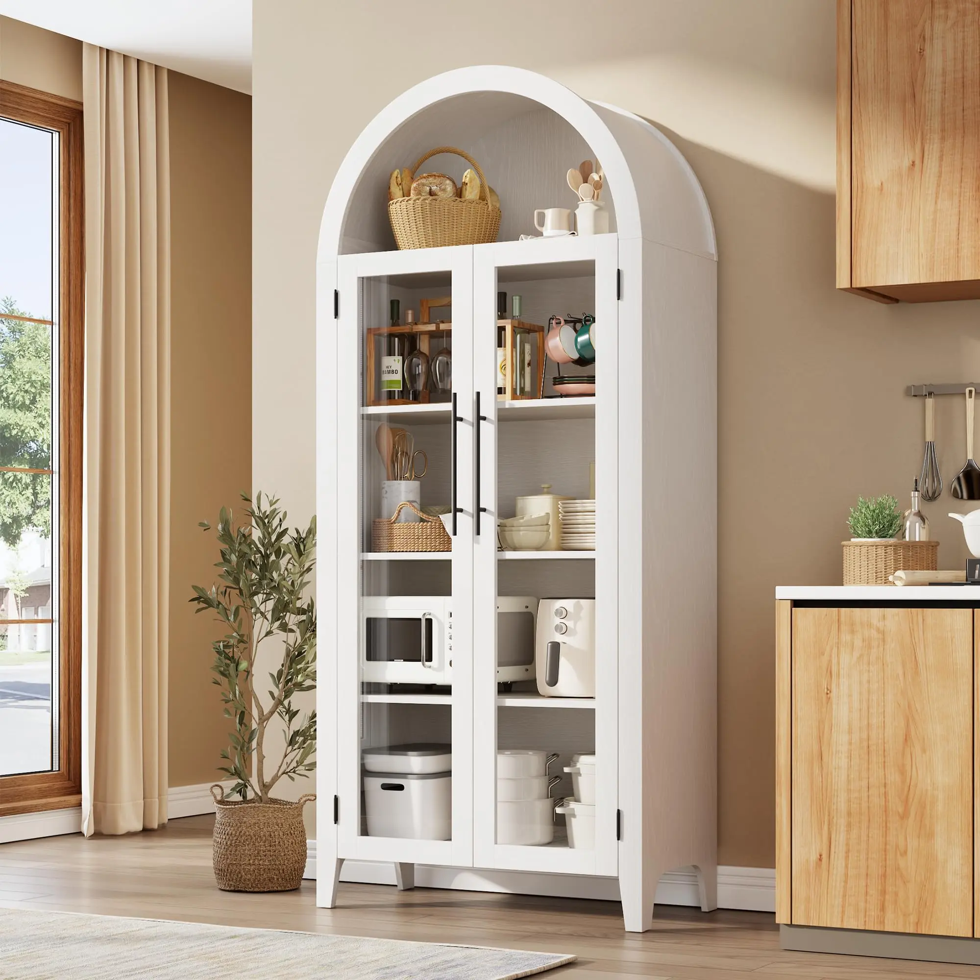 Arched Kitchen Pantry Storage Cabinet, Farmhouse 5-Tier Display Shelf with 2 Large Glass Doors and Adjustable Shelf, Versatile Cupboard for Kitchen, Dining Room, Living Room