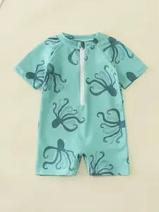 Baby Boys Whale Coconut Tree Print Short Sleeve One-Piece Swimsuit, Casual Fitted Swimwear, Dinosaur Pattern, Summer Beach Wear, Toddler Swimsuit, Swimsuits Swimwear