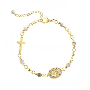 Tewiky Gemstone Beaded Bracelet with Shoushan Stone, White Turquoise & Pink Zebra Jasper Beads, Virgin Mary/Cross Coin Charm – Health, Energy & Love Faith Jewelry Gift for Women & Men For Easter