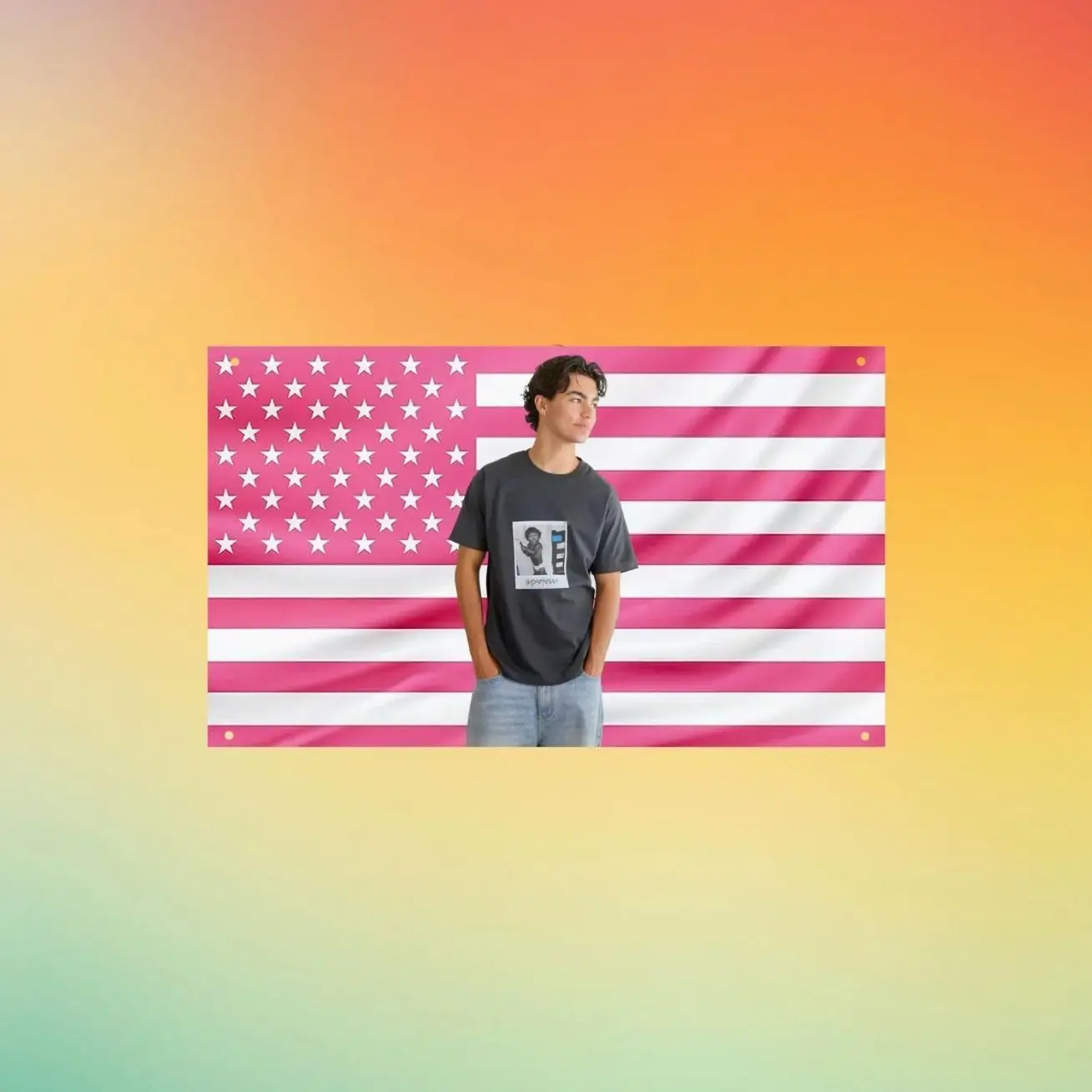 Malachi Barton Pink American Flag - Hot Guy Actor Wall Decor, Celebrity Aesthetic Tapestry, Dorm Room Bedroom Flag
