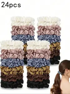 24pcs Women Satin Silk Scrunchies, Blue, Medium Size Hair Ties, Ponytails, Elegant Retro Style, Perfect for Daily Casual, Party, Vacation, Hair Accessories Set