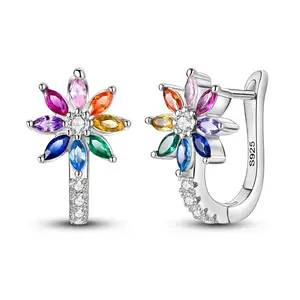 MULA Women's Rainbow 3D Flower Cluster Stud Earrings - Silver-Plated Costume Jewelry with Colored Zircon, Platinum-Plated High-Gloss Polish, Whimsical Non Tarnish Jewelry for Women, Exquisite Gift Accessory