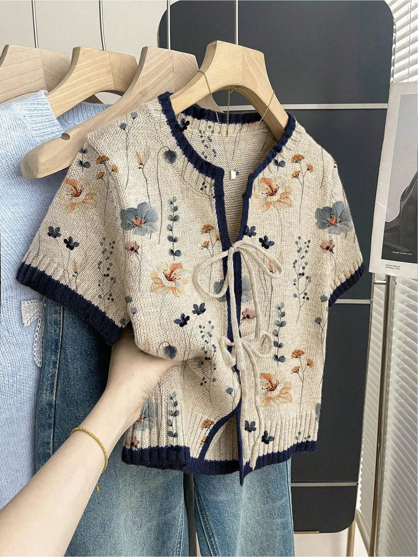 Women's khaki bohemian Boho Clothing vacation short-sleeve knit top. Loose round neck, contrast floral gradient print, front tie and contrast piping. Comfortable for spring & summer casual wear Womenswear
