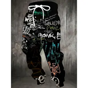 Shiyi Trading Men's 3D Graffiti Casual Polyester Sweatpants with Drawstring Pockets Slight Stretch Knit Fabric All Over Regular Fit Joggers Mixed Color