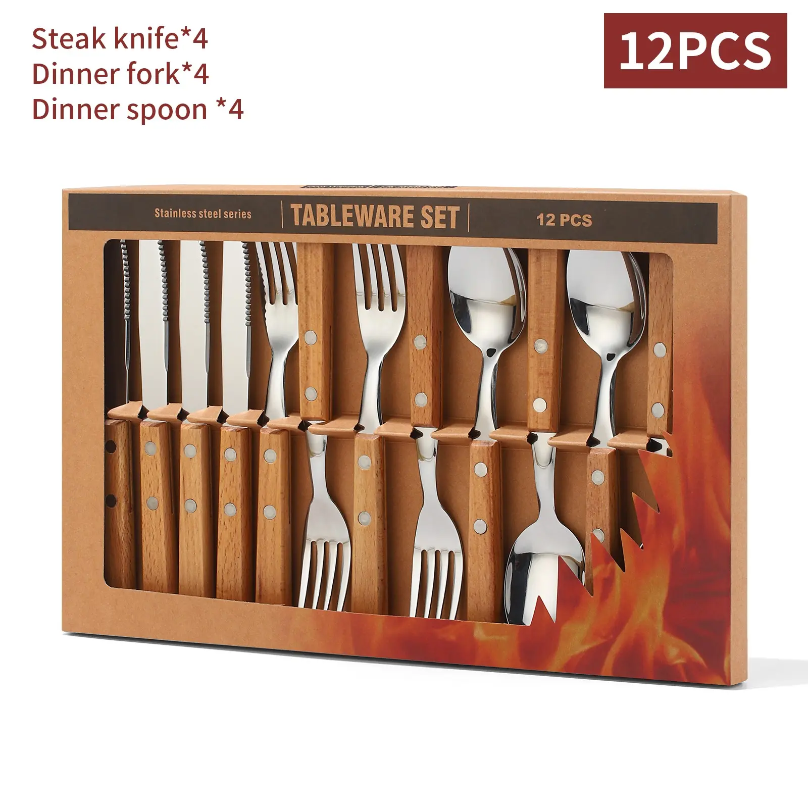 12 Pcs 304 Stainless Steel Flatware Set, Natural Wooden Handle, 4 Steak Knives 4 Forks 4 Spoons, Rust Proof Cutlery, Tableware Sets, Dinner Sets, Utensils Set for Home Kitchen Restaurant