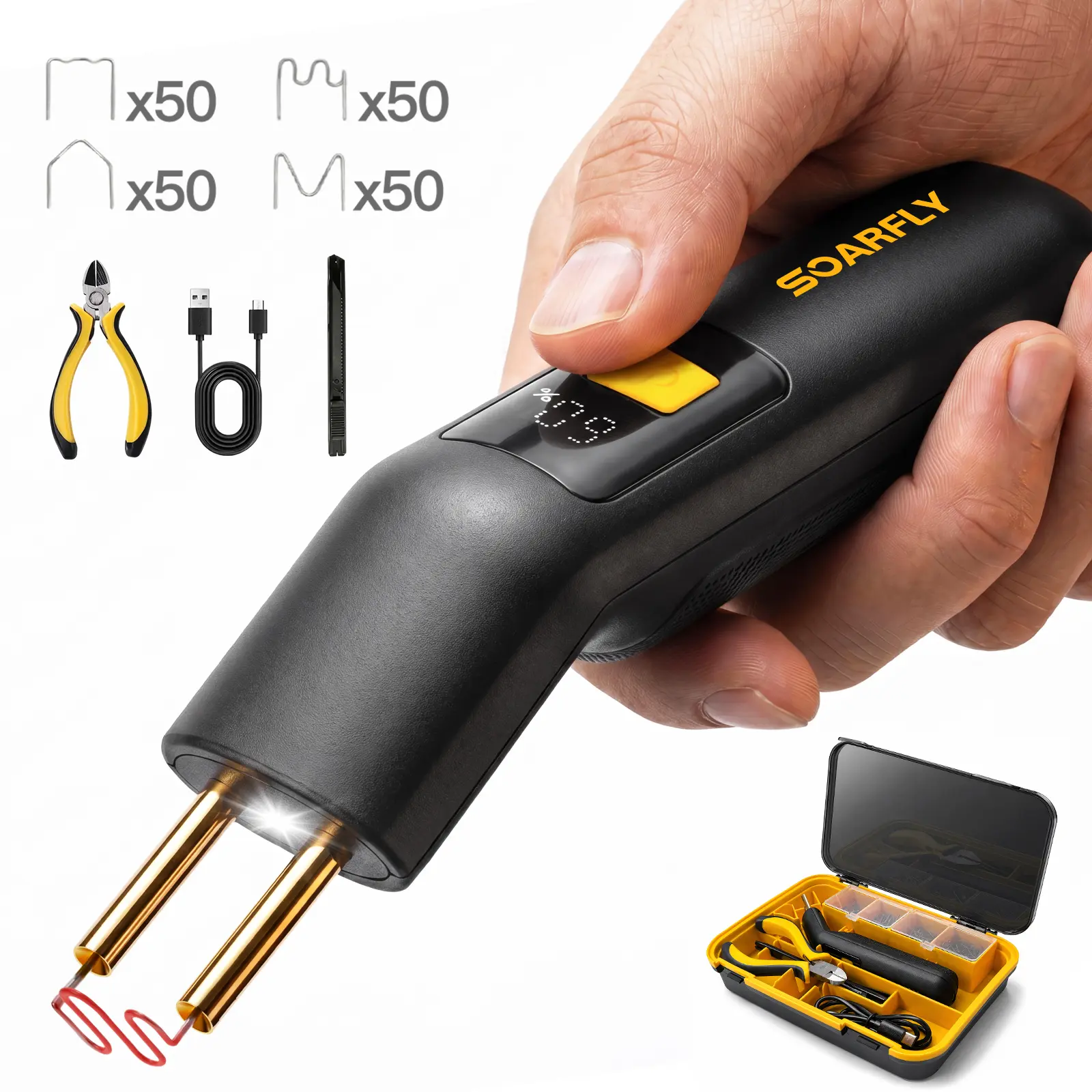 SOARFLY F4 Cordless Plastic Welder Kit, Ergonomic Portable Plastic Welding Kit with 200 Staplers, Front Light, Hot Stapler Kit, Plastic Welder Gun Kit, Storage Toolbox for Bumper Repairs, DIY Projects