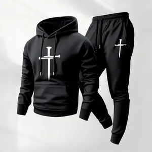 Men's Christian Printed Hoodie and Drawstring Sweatpants Set, Menswear, Casual Athletic Long Sleeve Hooded Jacket & Trousers for Fall & Winter, Men's Clothing for Daily Wear, Sportswear Indoor Outdoor, Tracksuit, Athleisure Summer Clothes