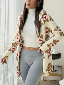 Women's autumn and winter fleece hooded Long Sleeve Loose jacket with love check Heart pattern, featuring a cartoon bear design, long length, zippered pockets, comfortable fabric, casual style, and essential for both home and outdoor use.