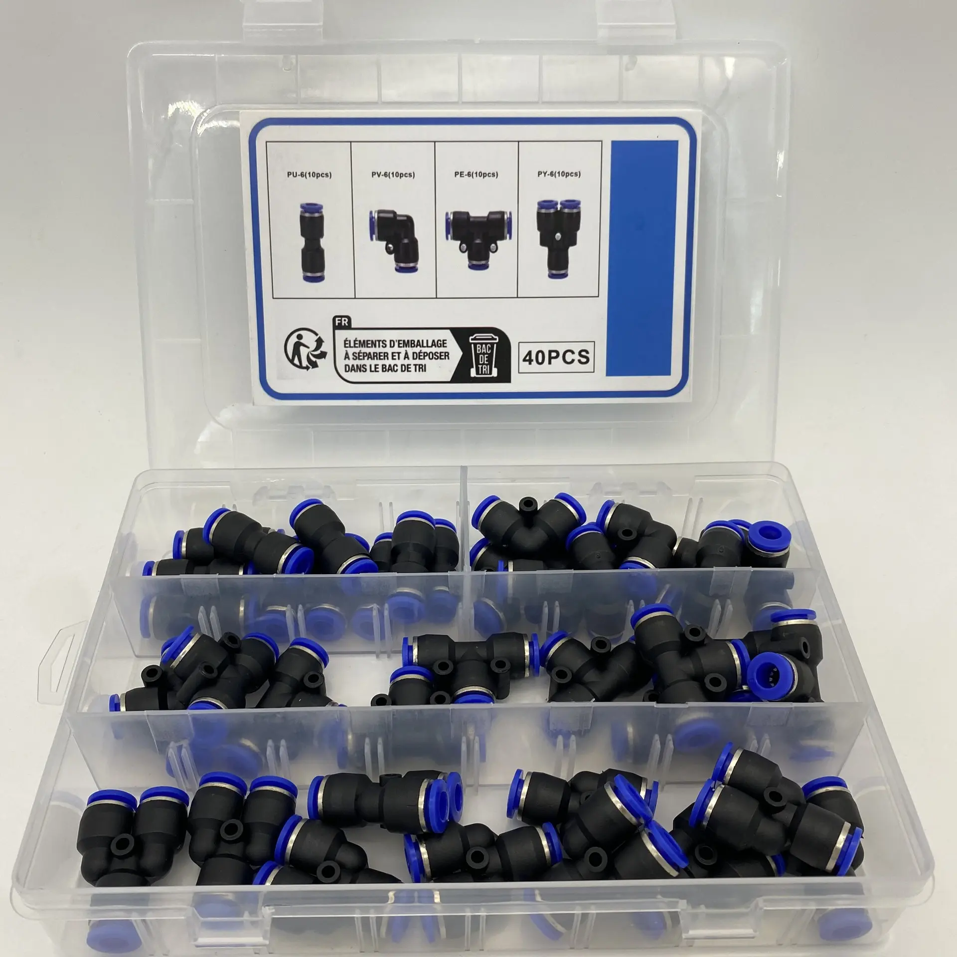 6mm Quick Pneumatic Push Connectors 40pc Set - 1 Distributor/1 Elbow/1 Straight-Through/1 Tee Each of 10 Packs, User-Friendly for Small-Scale Projects with Quick and Easy Connections Ensuring Smooth Operation