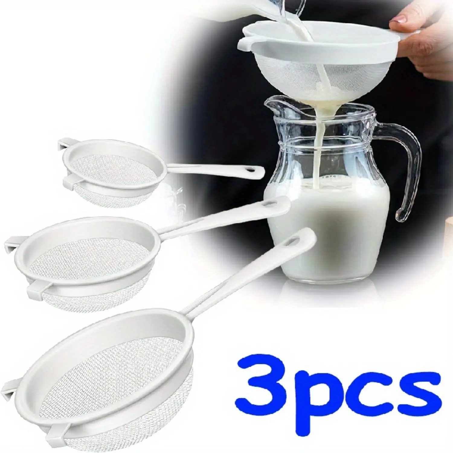 3 Pcs Lightweight Plastic Nylon Mesh Strainer with Handle & Double Ear, Fine Food Filter for Baking, Portable Kitchen Tool with Shelf Compatibility for Flour, Kefir, Tea