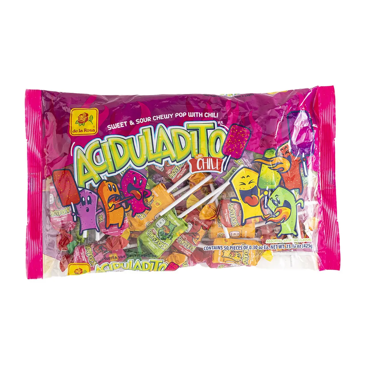 Aciduladito Spicy Sweer And Sour Chewy Lollipop With Chili By De La Rosa 50 Pieces