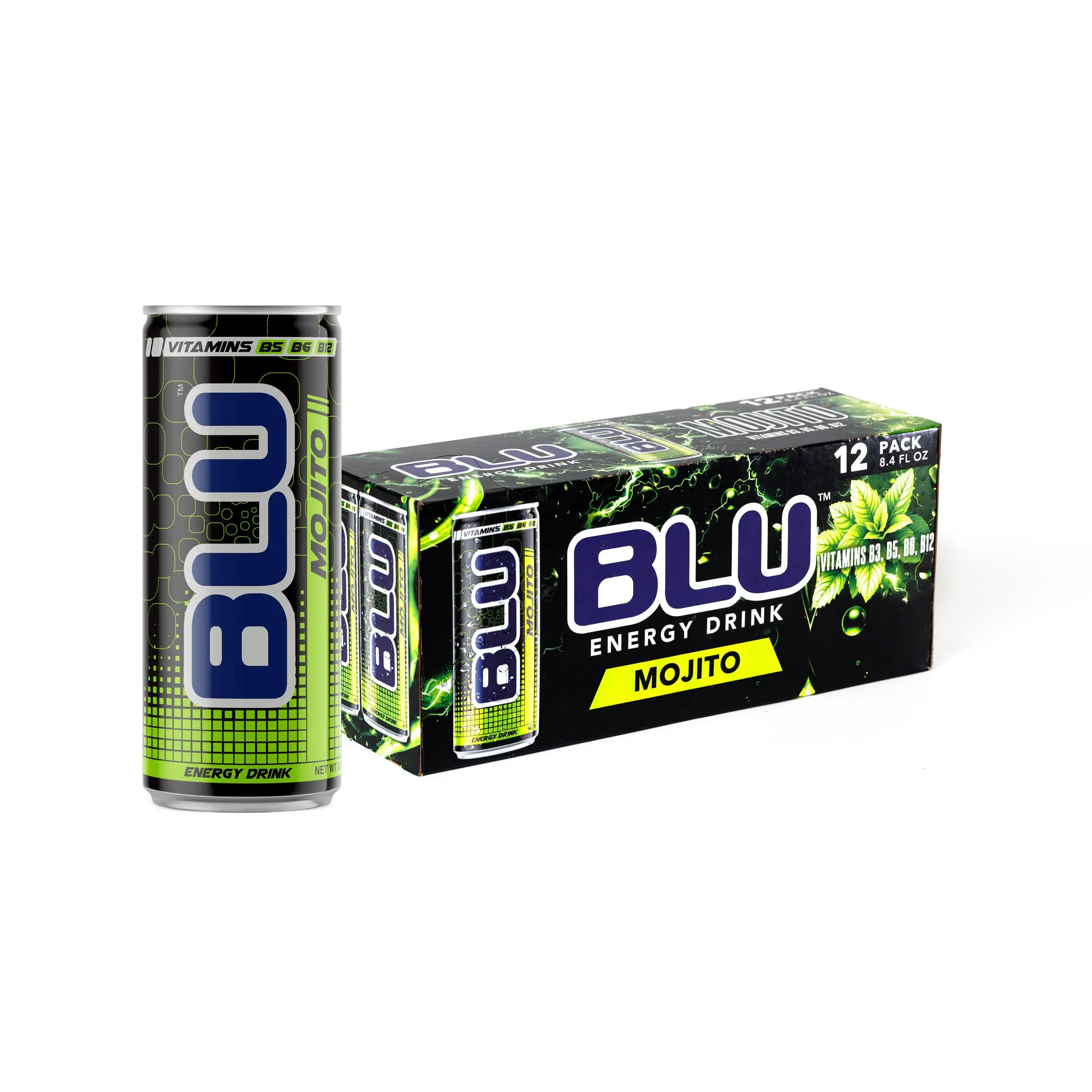 BLU Mojito 12-Pack Energy Drink - Smooth Refreshing with B Vitamins B3 B6 B12 for Focus & Energy - 8.4 fl oz - Clean Energy Beverage Electrolytes Powder Sport