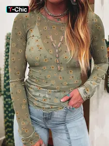 Vintage Floral Print Southern Style Mesh Long Sleeve Fitted Top, Women's Casual Fashion, Spring & Fall Wear, Comfortable and Stylish