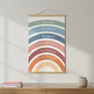 Rainbow Affirmations Painting Hanging Scroll Canvas Wall Art Poster, 1 Set Boho Inspirational Quotes Classroom & Playroom Wall Decor, Ornaments, Dopamine Decor, Wooden Wall Art, Wall Art Decoration, Home Decor Products, Artwork