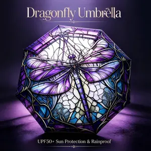 Hand Painted Dragonfly Folding Umbrella UPF50 Plus UV Protection Auto Open Close Wind Resistant Compact Portable Dual Use Sun Rain Parasol Gift For Women