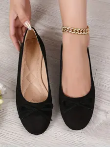 Multicolor Velvet Bow Ballet Flats, Soft Velvety Shoe Body, Anti-Slip Flexible Rubber Sole, Heart Stitch Insole, One-Step Design