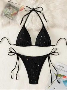 Two-Piece Set Women's Glitter Tie Back Halter Neck Bikini Set, Casual Fashion Chic Edgy Bikini Set Wireless Triangle Swim Bra & Tie Side High Cut Swim Panty, Ladies Swimsuit for Beach Holiday Vacation, Bikini Outfits