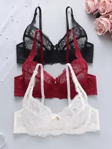 3-Pack French Style Sexy Lace Adjustable Straps Buckle Underwired Bras – Breathable Multi-Color Set for Women’s Daily & Date Wear