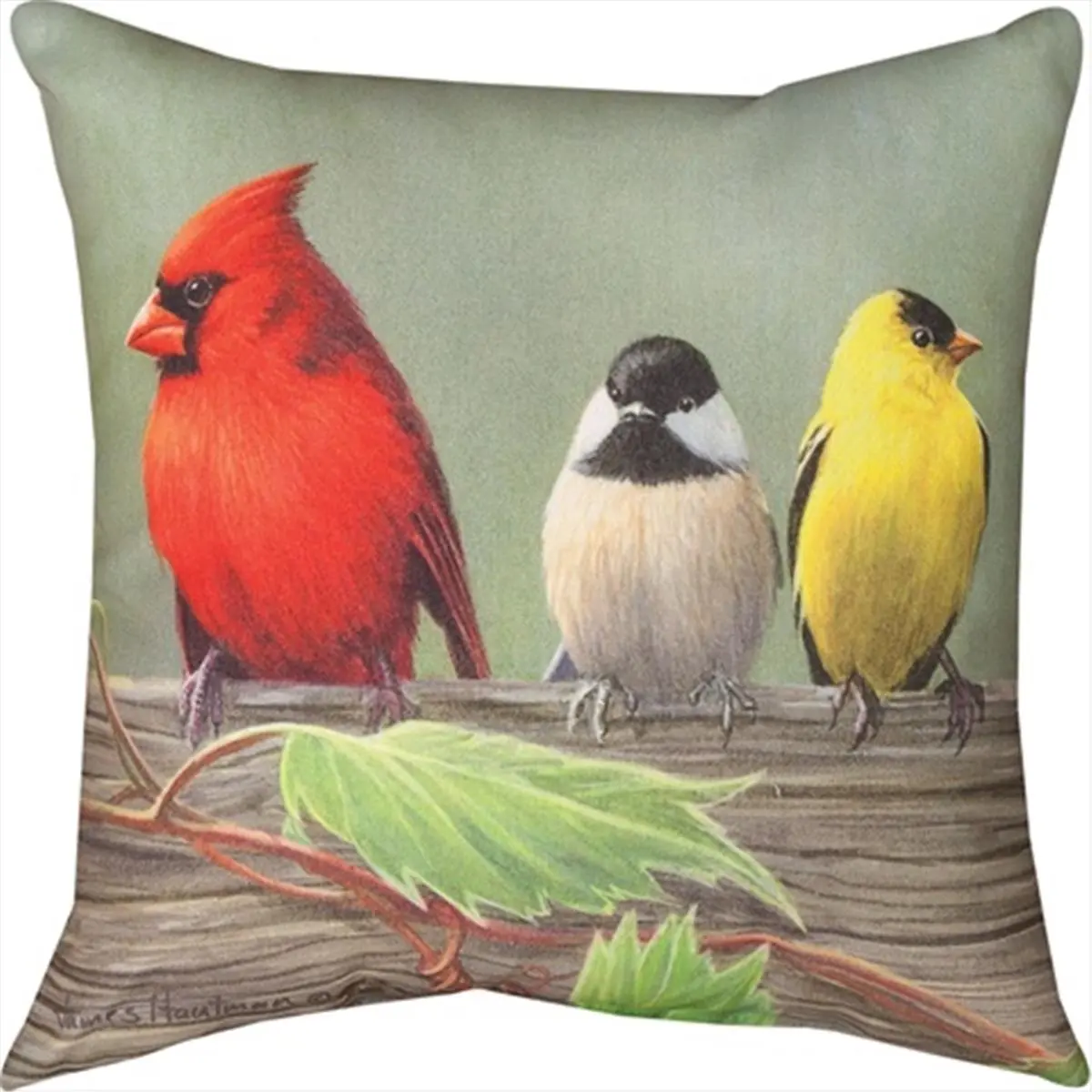 212 MAIN Climaweave Indoor/Outdoor Pillow, 18x18 in., UV Resistant, Vibrant Digitally Printed Birds On A Line Cardinal Design by Manual Woodworkers and Weavers