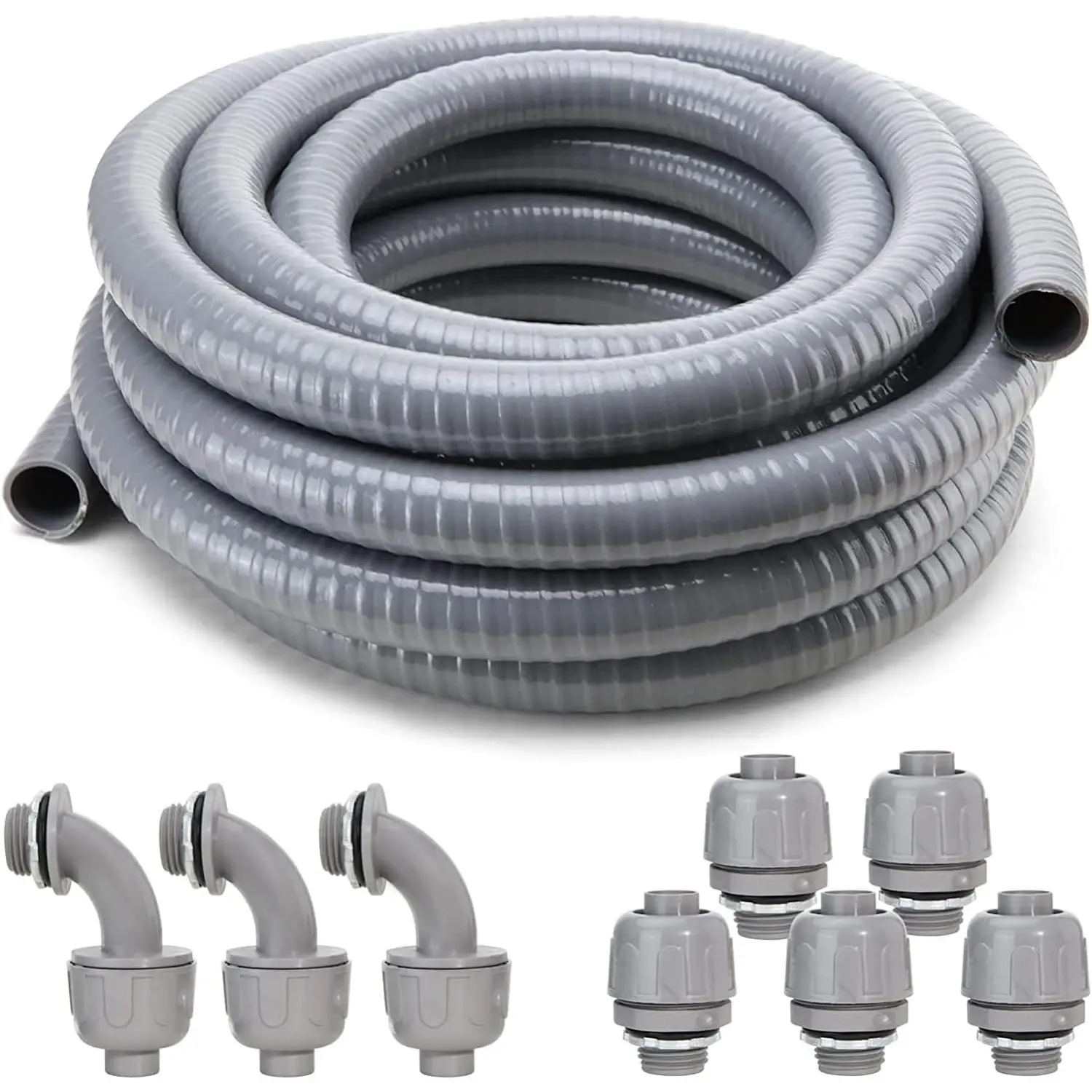 Liquid-Tight Conduit and Connector Kit, Flexible Non-Metallic Electrical 3/4inch 25ft Conduit, with 5 Straight and 3 Angle Fittings Included, 3/4 in. Dia.