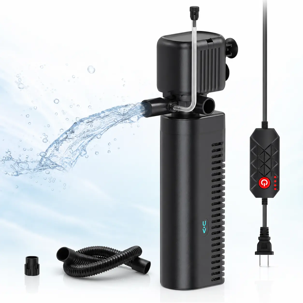 SYSENCIAGA Compact Aquarium Filter with Built-In UV-C Light Clarifier, Fully Submersible Fish Tank Filter with Aeration, Single/Dual Outlet, UV Timer, Removable Sponge for Water Circulation, Freshwater & Saltwater Tanks
