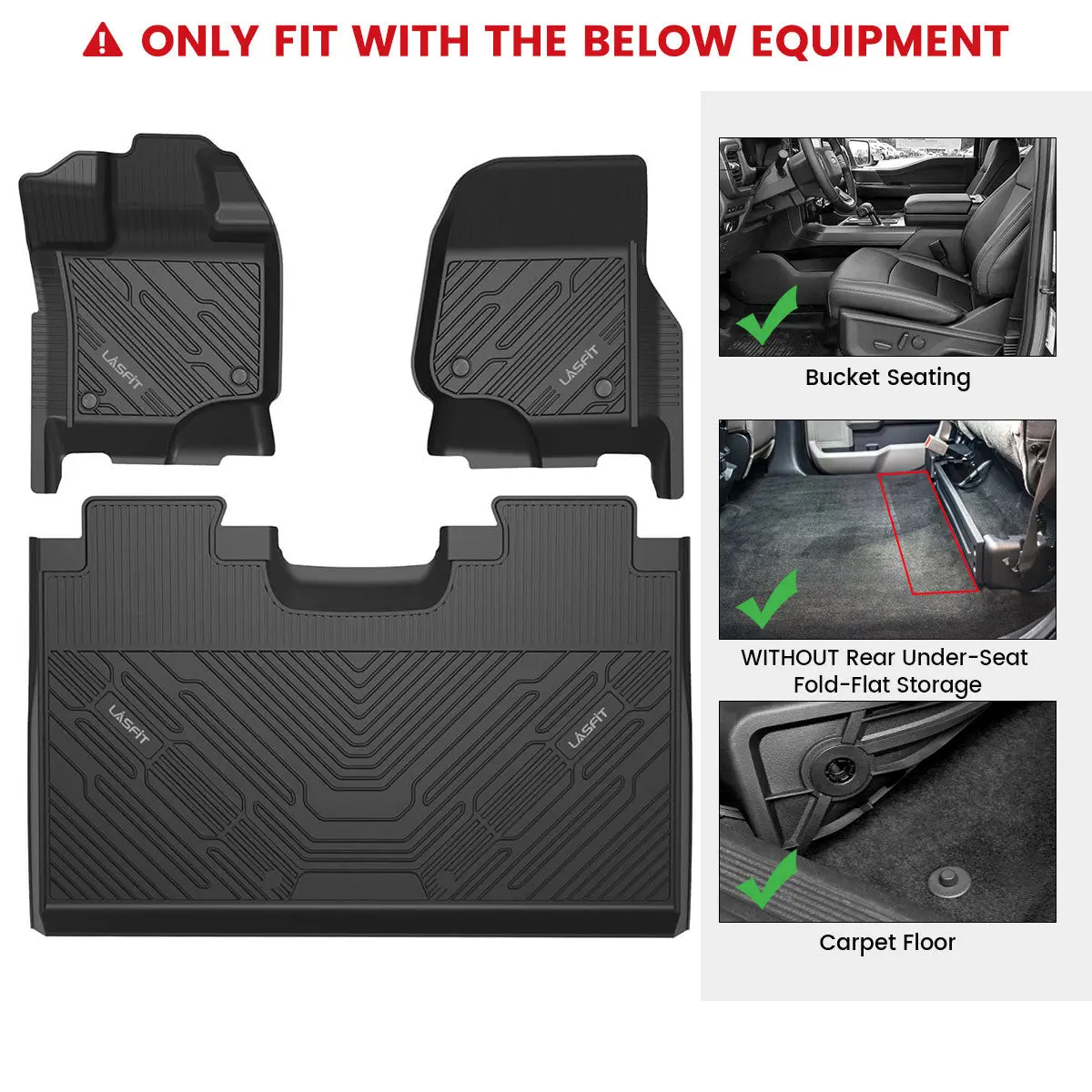 Lasfit Automotive Deep-Tread Floor Mats, Truck Accessories for 2015-2026 Ford F-150 & 2022-2026 Lightning SuperCrew Cab, Fits Carpet Floors & 1st Row Bucket Seats, Floor Mats For Trucks