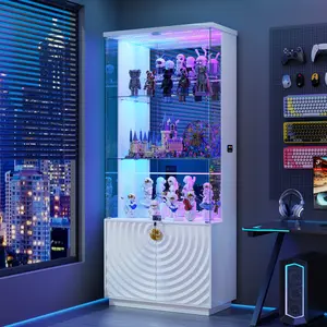 71'' Display Cabinet - with 3-Color Lights for Collectibles, 4-Tier Curio White Cabinet with Glass Doors,Lockable Glass Display Case with Human Body Sensor,Tall Bookcase with Shelves & Door Panel