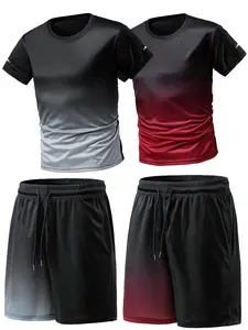 Men's Ombre Print Short Sleeve Tee & Shorts Set, Regular Fit Round Neck T-shirt & Track Shorts, Casual Top & Bottoms for Summer Outdoor Sports, Streetwear Tracksuit Set