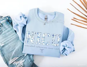 NICU Shirt, Sweatshirt & Hoodie - Neonatal Intensive Care Unit Nurse Crewneck, Boho Floral NICU Nurse Shirt, Blue Toile Nurse Shirt Fabric Womenswear