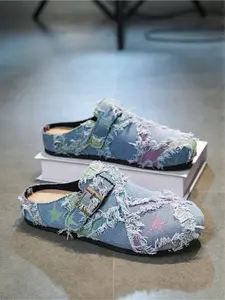 Men's Star Print Denim Closed-Toe Mule Slippers, Vintage Fringe Trim Casual Slip-On Clogs with Adjustable Buckle Footwear