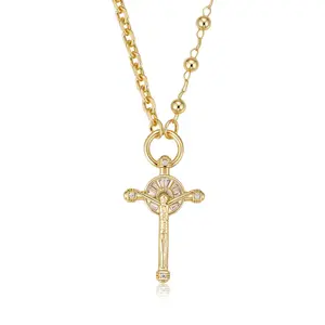 MEIITRUE 14K Gold Plated Cross Pendant Necklace for Women, Dainty Cubic Zirconia Beaded Necklace, Faith Jewelry Religious,swasika jewelry Gifts for Women