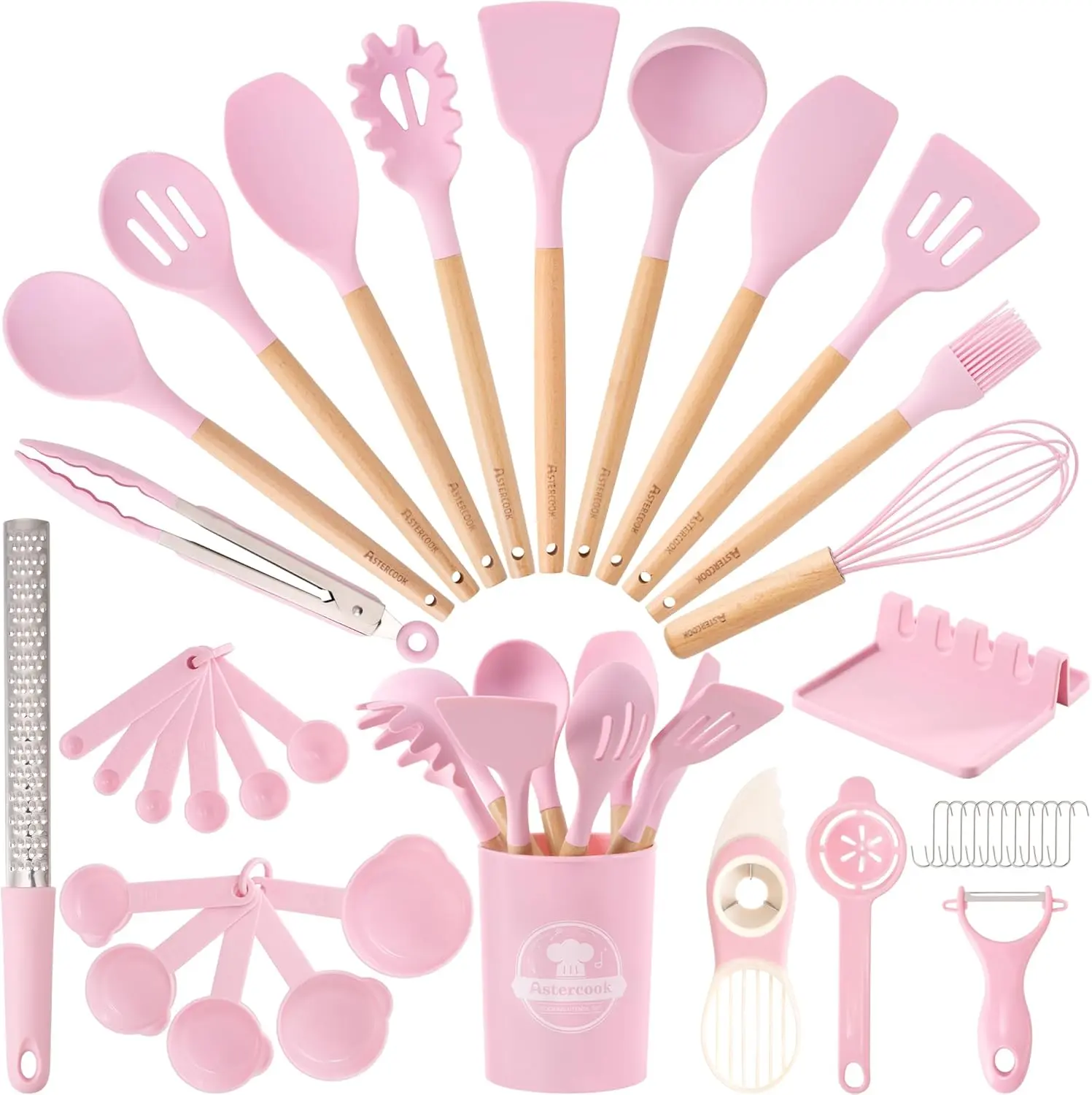 Astercook Kitchen Utensils set, 39 PCS Silicone Cooking Utensils Set with Wooden Handle, 446°F Heat Resistant Food Grade Utensil Sets, BPA Free Kitchen Gadgets Tools Set for Nonstick Cookware (Pink)