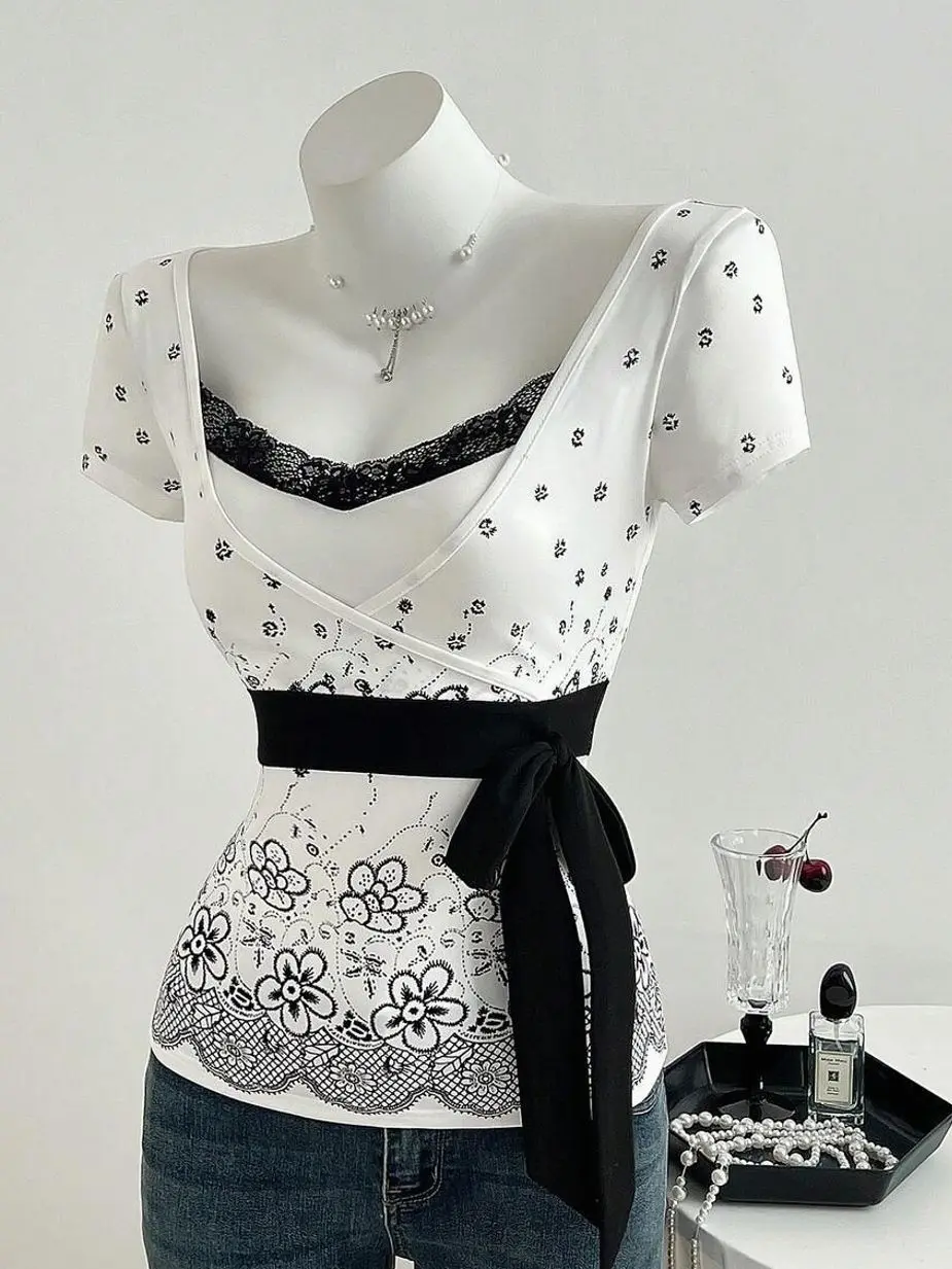 Women’s Floral Wrap Front Top, Lace Trim Short Sleeve Blouse with Contrast Tie Waist, Y2K Going Out Shirt