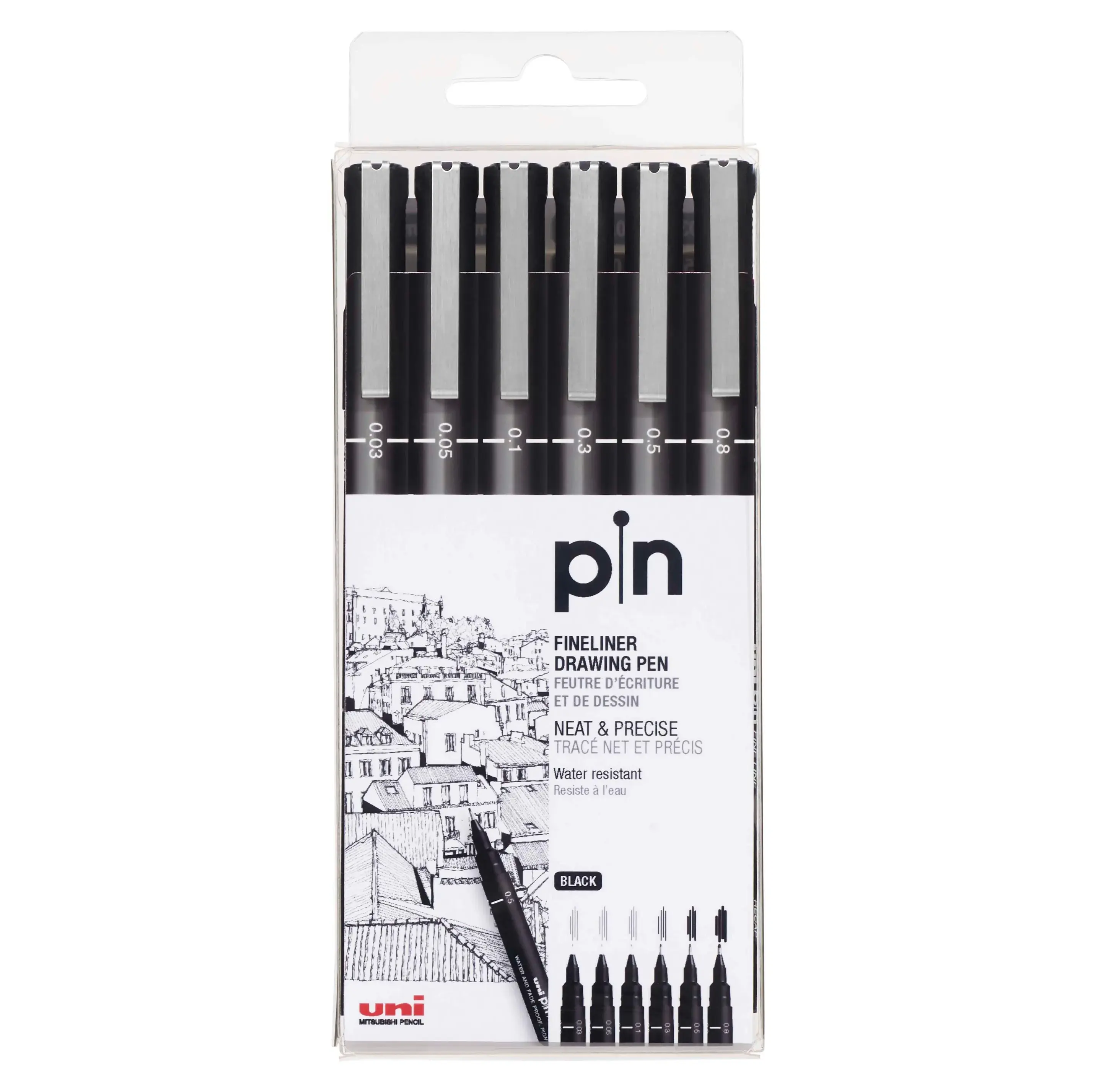 uni® Pin Fineliner Black Drawing Pens - Assorted Steel Nibs, Waterproof, 6 Count - Ideal for Sketching Supplies, Artist Supplies, Drawing Tools (Office Stationery & Writing Correction Tool)