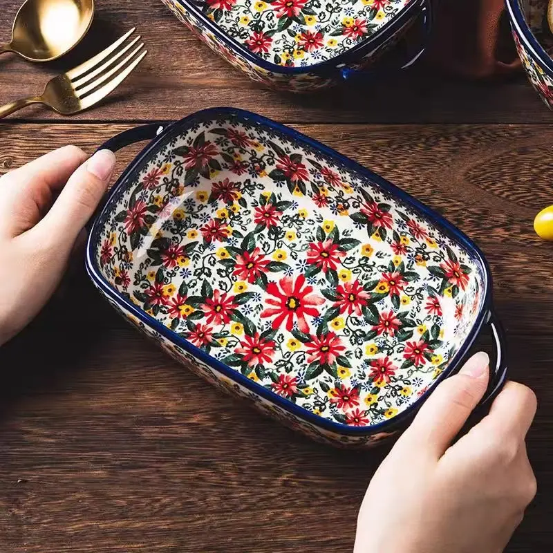 Floral Ceramic Baking Dish, Rectangular Casserole Dish, Bakeware, 730ML Rectangular Serving Bowl with Handle, Ideal for Rice, Salad & Cheese, Elegant Home Kitchen Accessory