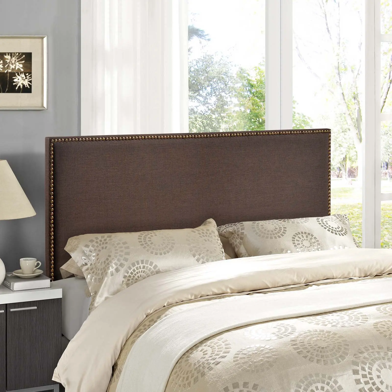 Modway Region Queen Fabric Upholstered Headboard, Nailhead-Accented, Dark Brown for Modern Bedroom