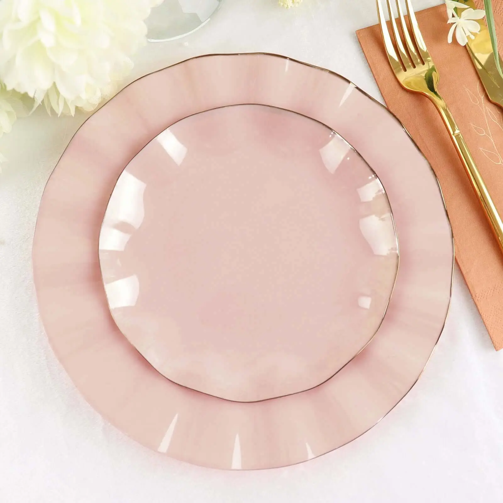 10-Pack Heavy Duty Fancy Elegant Plastic Round 6" Dessert Plates - Blush Pink Ruffled Rim, Gold Edging, Disposable Dinnerware Set for Wedding, Baby Shower Supplies, Salads, Appetizers