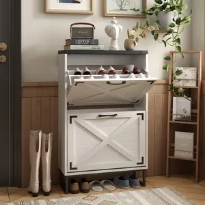 [SummerVibes] Vabches 24" W Farmhouse Shoe Cabinet, Freestanding Entryway Storage Organizer with 2 Flip Drawers