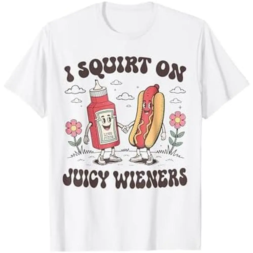 Funny Hot Dog and Ketchup Cartoon Graphic Tee Retro Humor Unisex Cotton T-Shirt