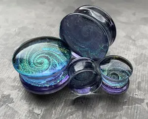PAIR of Beautiful Lavender Sparkle Galaxy Swirl Design Pyrex Glass Plugs - Gauges 2g (6mm) through 1" (25mm)!