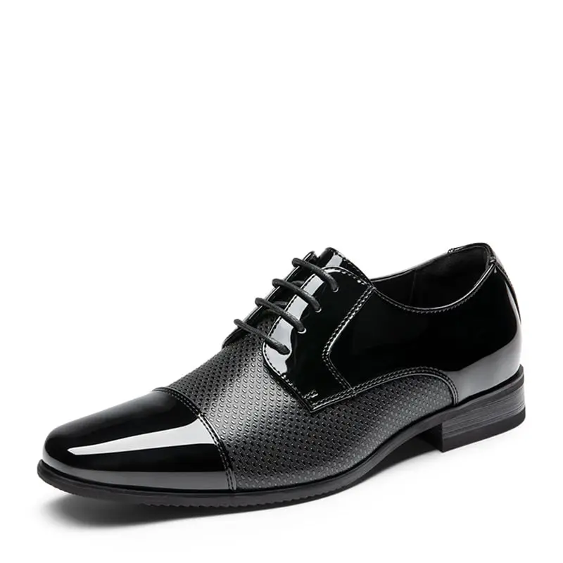 BRUNO MARC Men's Cap-Toe Oxfords, Chic Patent Vegan Leather Dress Shoes for Formal Wear with Cushioned EVA Insole & Flexible Rubber Sole, Closed, Black-Pat, Footwear, Breathable Liner, Formal Events, Stacked Heel, All-Black Formal Shoes, Leather & Faux Le