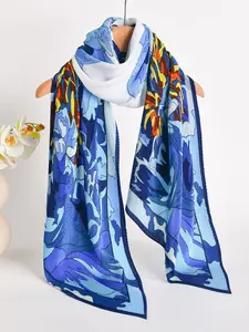 Women's Pleated Scarf, Elegant Floral Pattern Shawl, Casual Fashion Accessory, Multi-Functional Long Scarf, All Seasons Wear