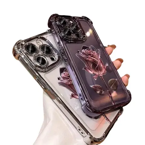 Pink rose electroplating pattern, anti-drop, non-slip TPU mobile phone protective case, suitable for iPhone 18 17 16 15 14 13 12 11 PRO MAX PLUS、AIR and iPhone X XS MAXand other series models, can be given as a gift to boys or girls unique phone case
